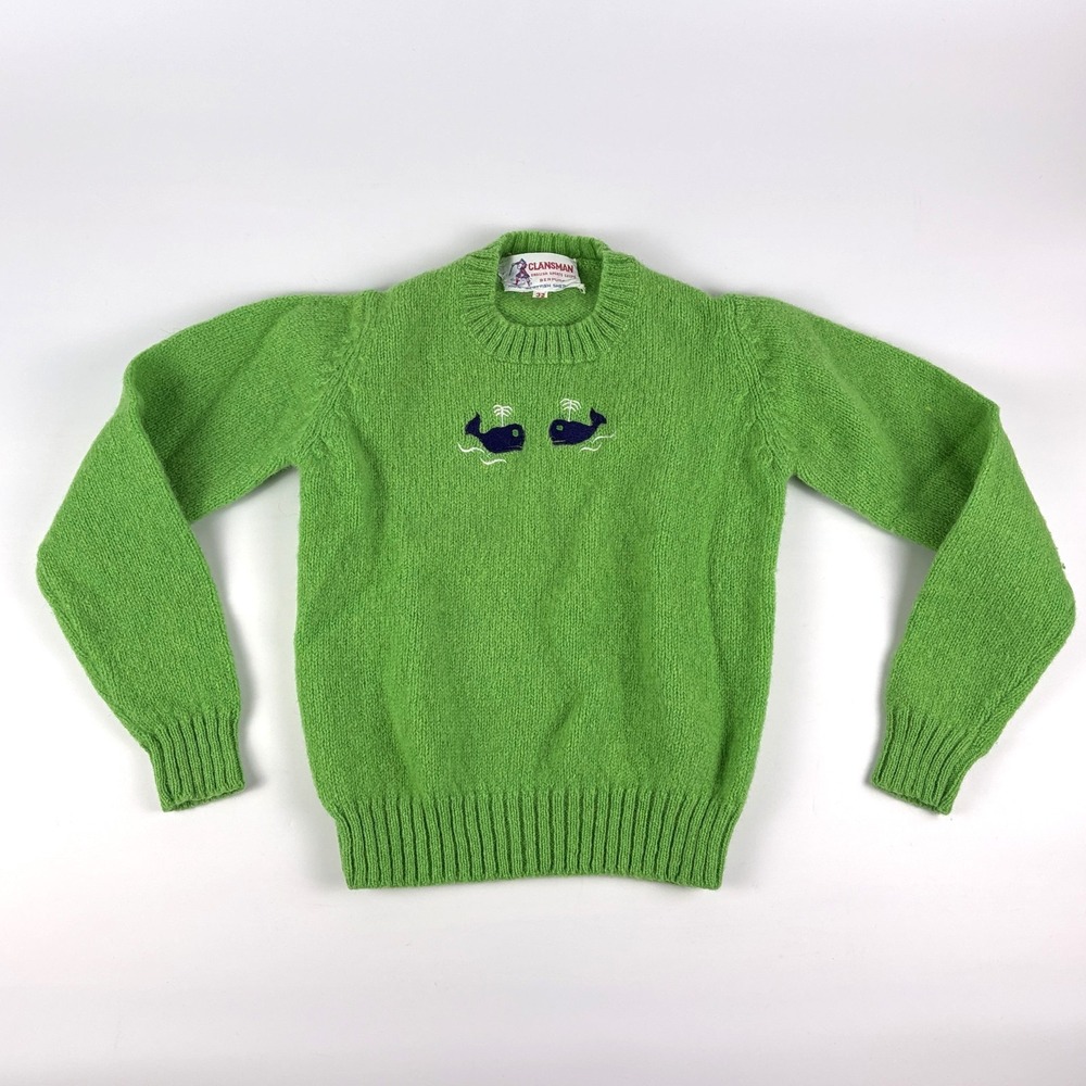VTG Clansman 100% Shetland Wool Childrens Sweater Sz 12 /‎ 32 Green Blue Whales
